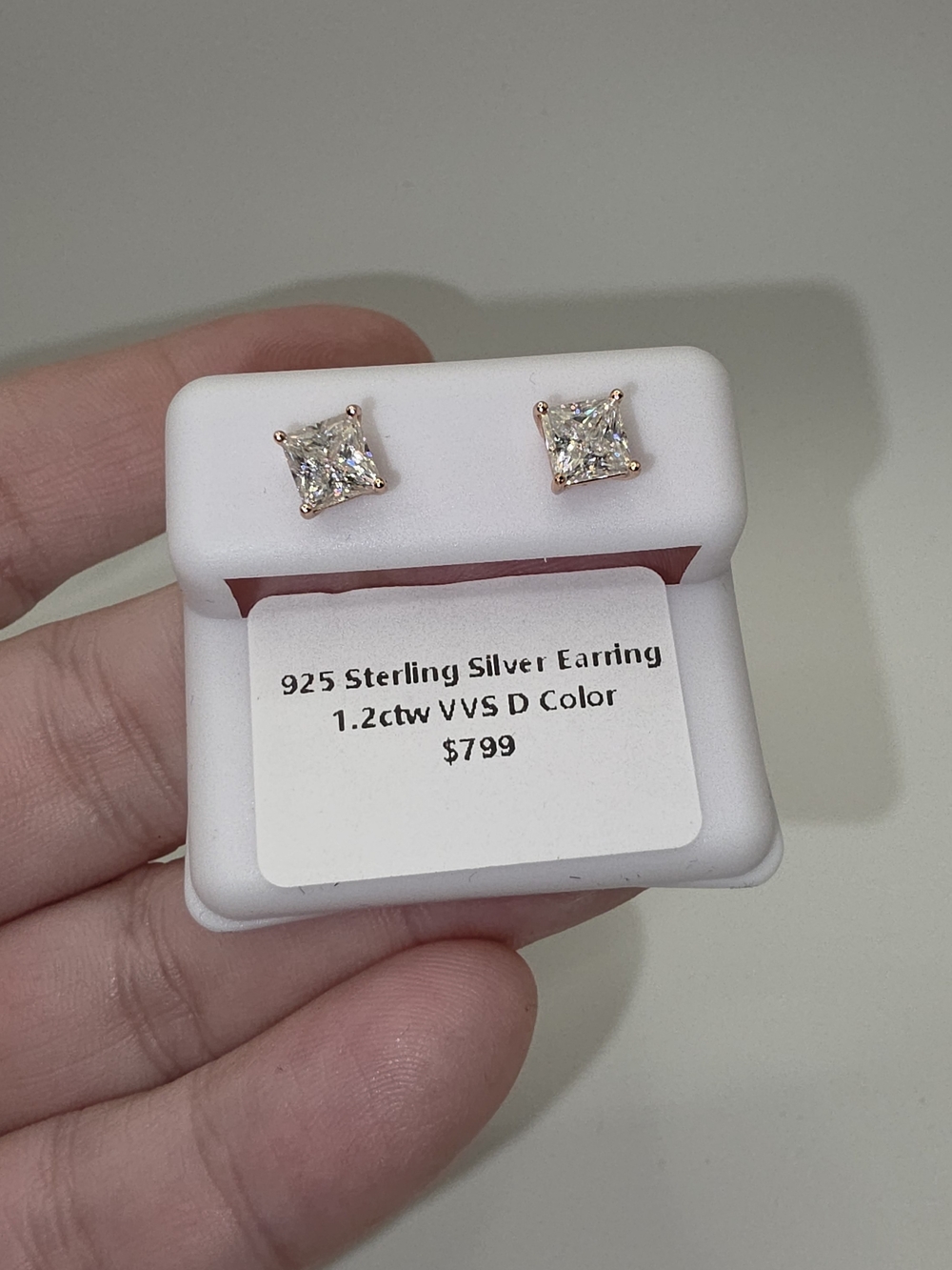 Rose Gold Over 925 Sterling Silver Princess-Cut Moissanite Stud Earrings